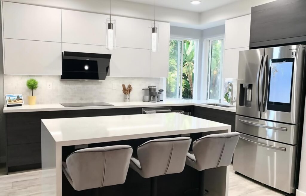 kitchen remodeling featuring white clean cabinets, an island, and leatherette high stools