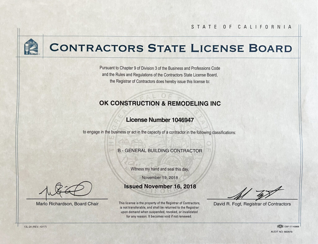 OK Construction and Remodeling License #1046947