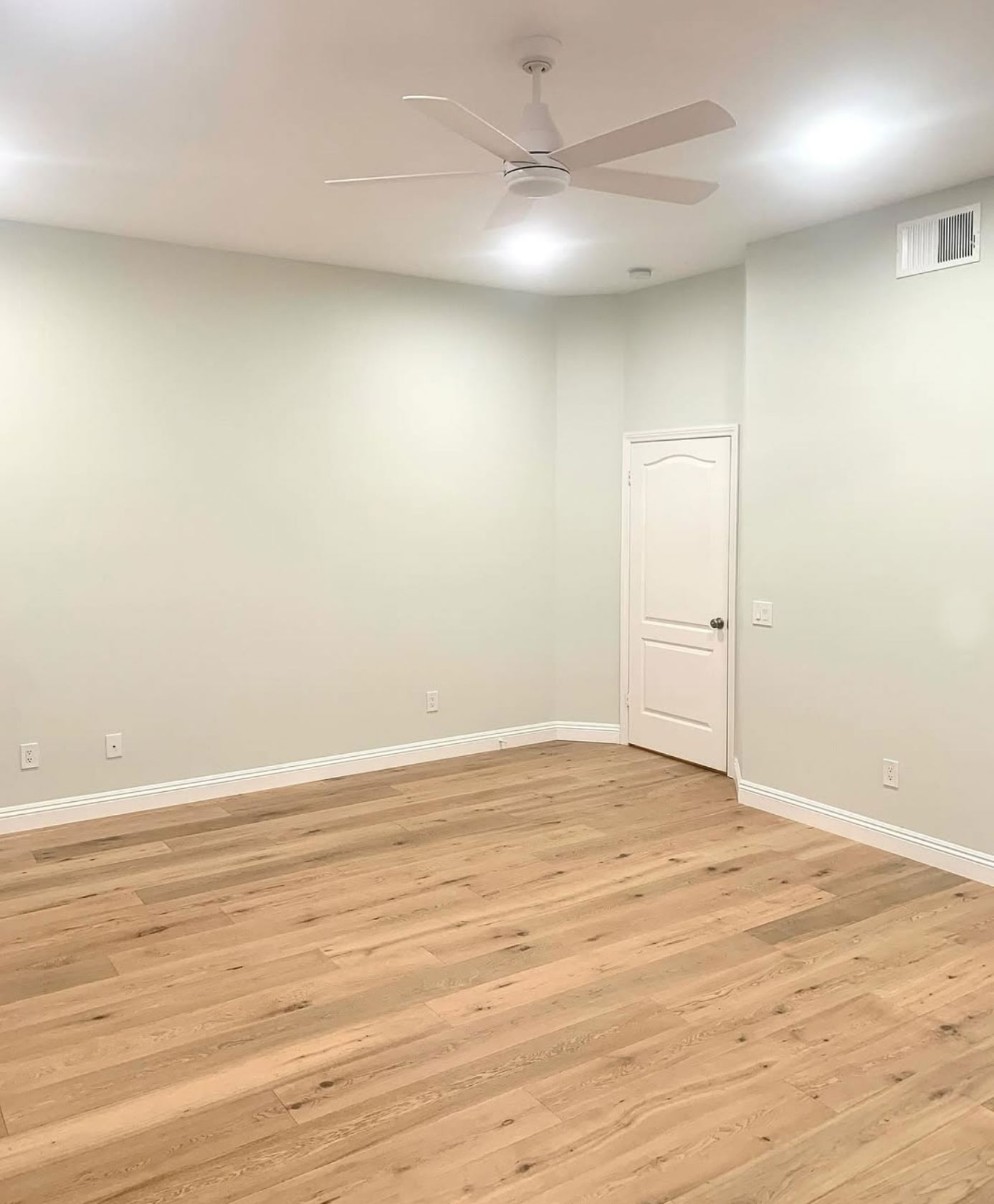 interior painting featuring wood-looking floor finish and light green walls and new lights